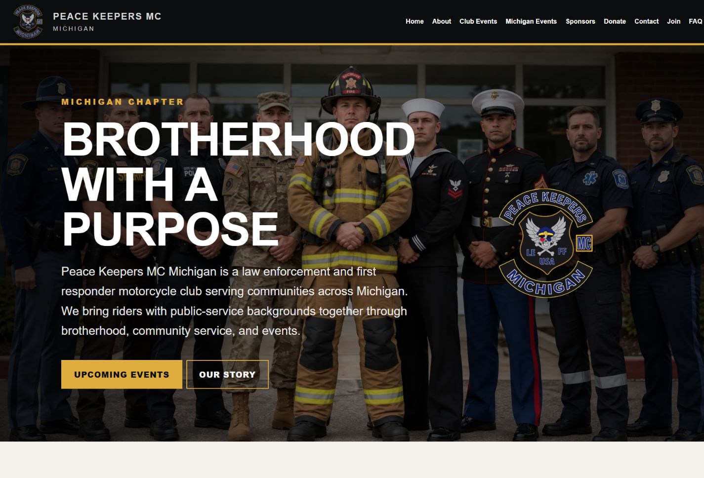 PKMCMI.org home page showing Brotherhood with a Purpose, chapter navigation and Peace Keepers MC Michigan imagery